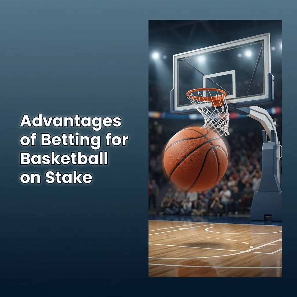 Infographic titled “Advantages of Betting for Basketball on Stake” listing features like live odds, cash-out, mobile app, and payment options