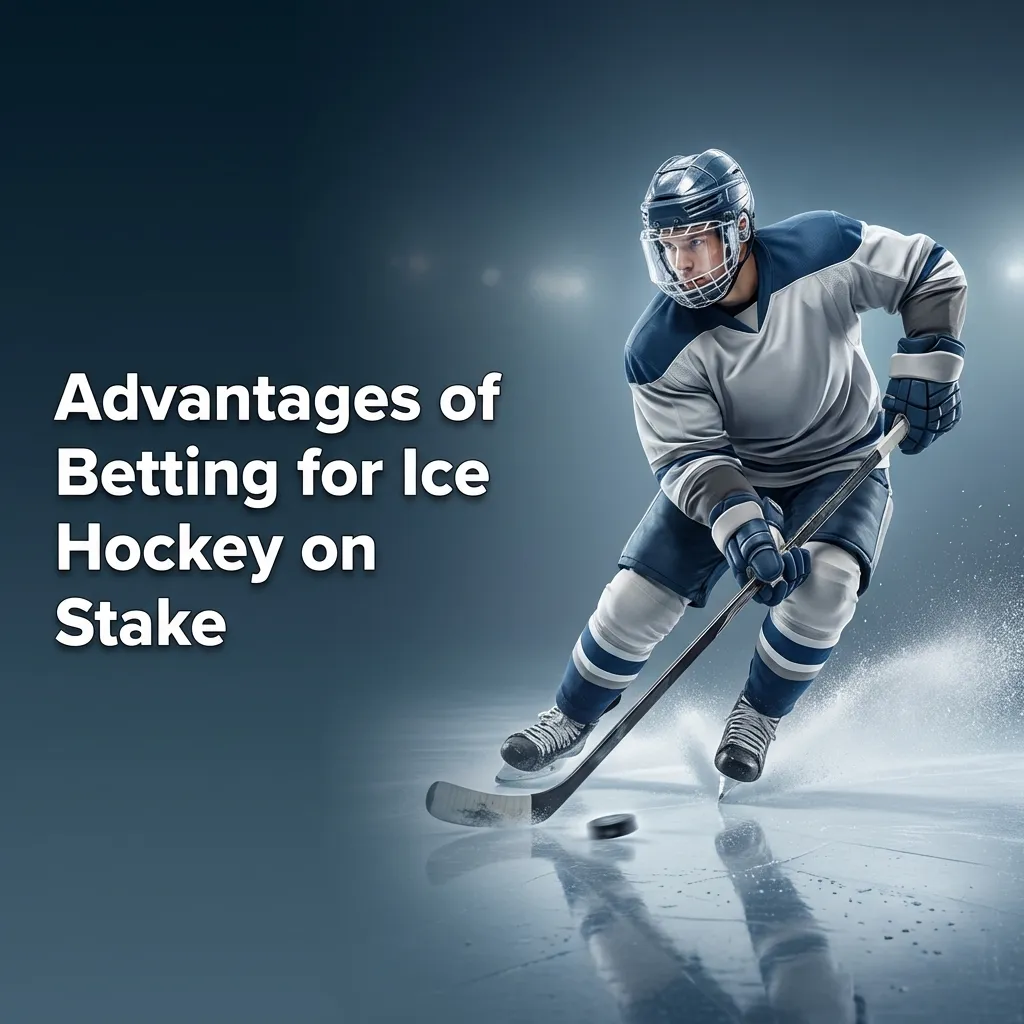 Infographic titled “Advantages of Betting for Ice Hockey on Stake” listing coverage, live betting, cash out, mobile app, and fast bets