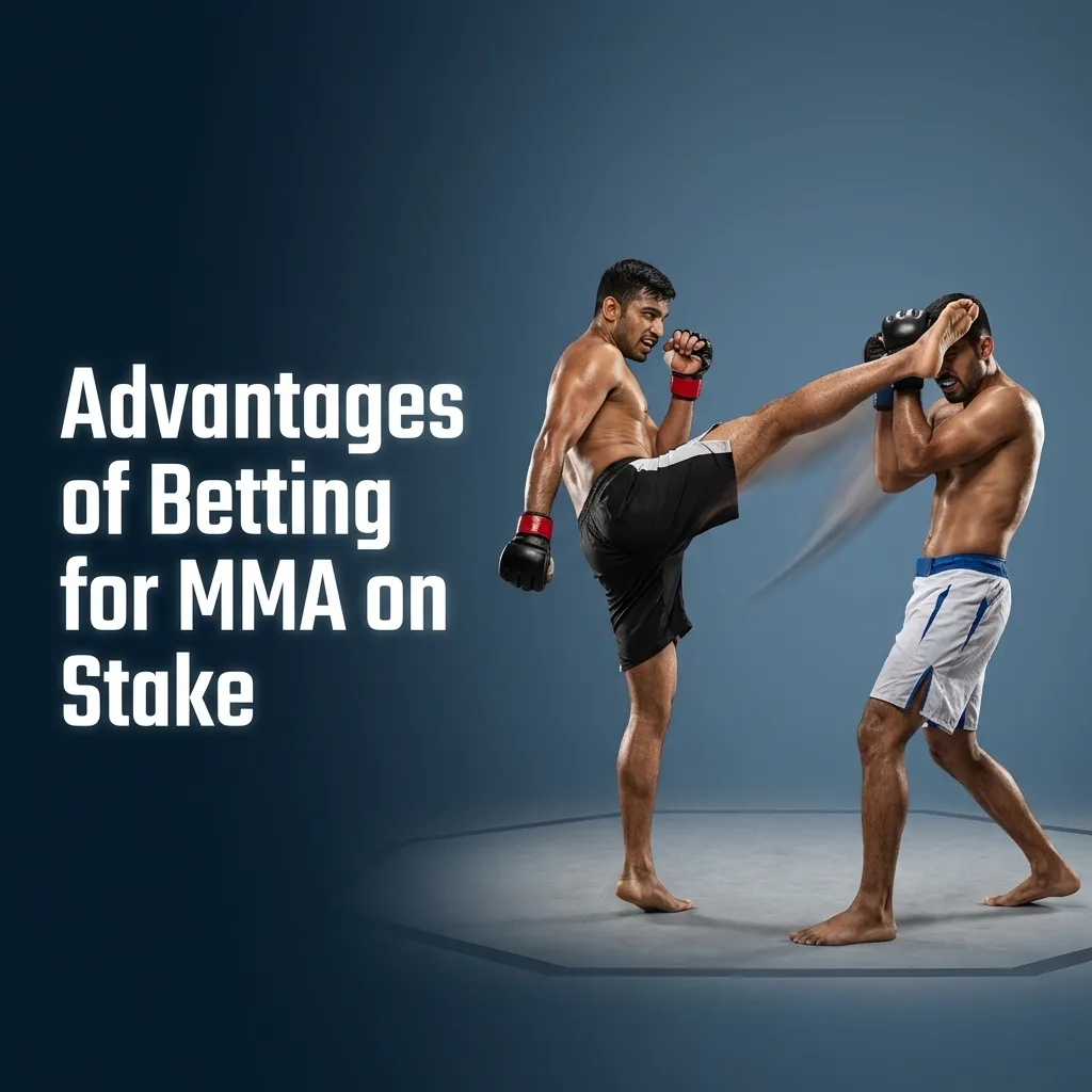 Stake MMA betting graphic highlighting wide coverage, focused markets, live in-play odds, stats, mobile app, and Indian payments