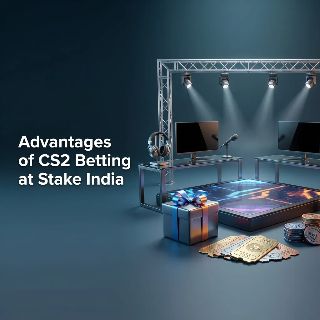 Illustrated CS2 match with Indian rupee icons, mobile and desktop screens, highlighting bonuses, odds, and 24/7 support at Stake