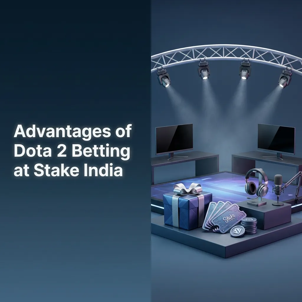 Graphic listing Stake India Dota 2 betting perks: bonuses, INR payments, 24/7 support, mobile app, and competitive odds.