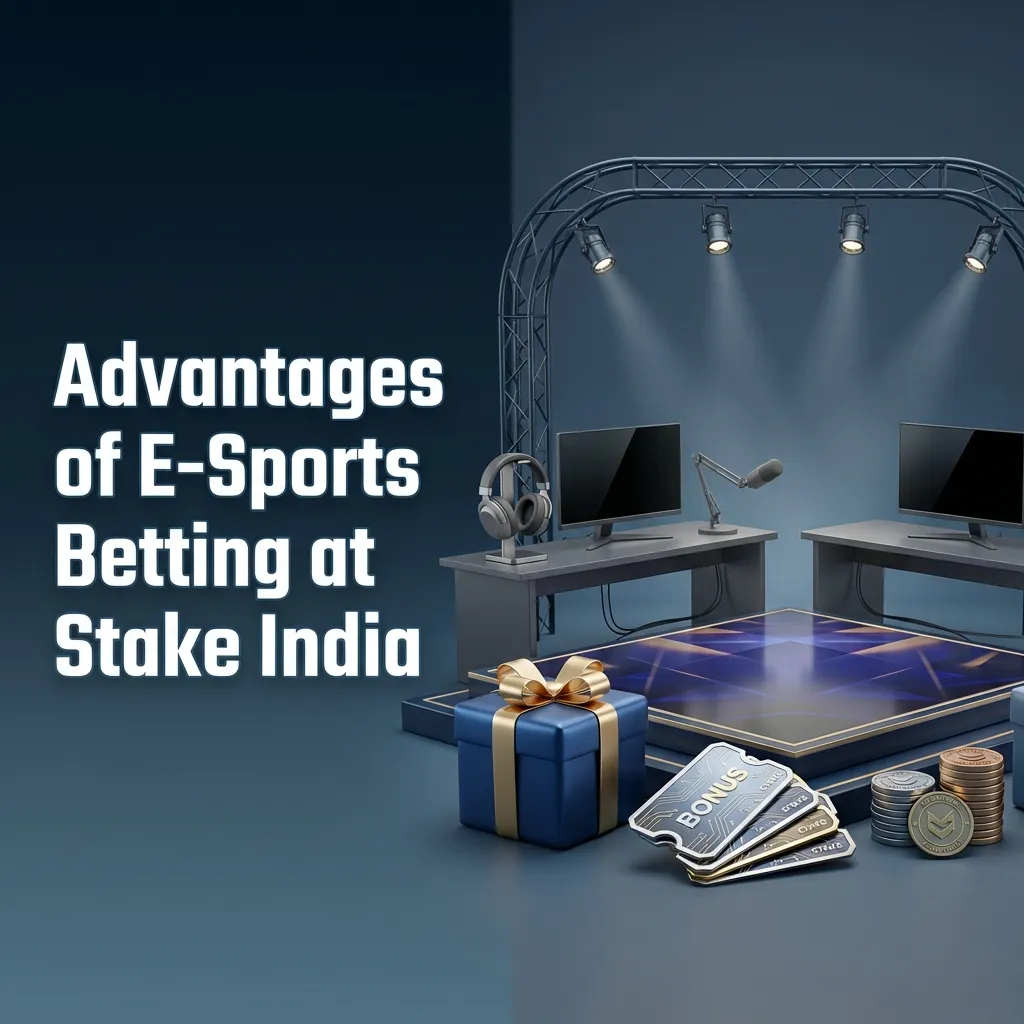 Graphic highlighting Stake India esports betting benefits: high odds, 200% bonus, India payments, mobile app, 24/7 support