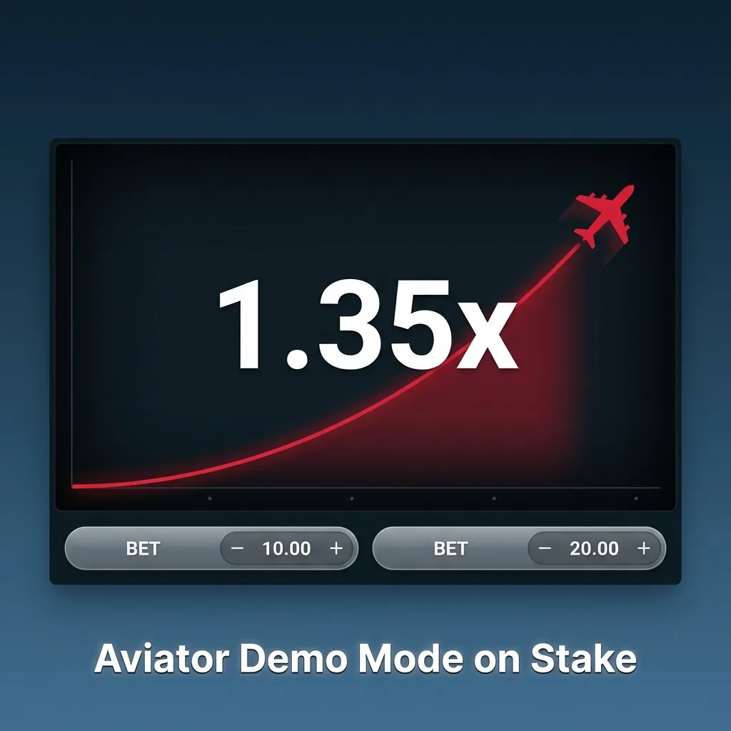 Stake Aviator demo mode screen showing rising multiplier, virtual balance and controls to practise bets risk‑free