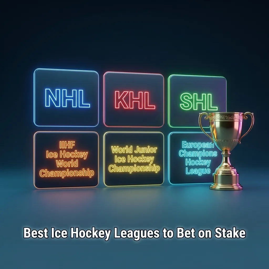 Graphic listing top ice hockey leagues to bet on at Stake, including NHL, KHL, SHL, Liiga, IIHF and Olympics
