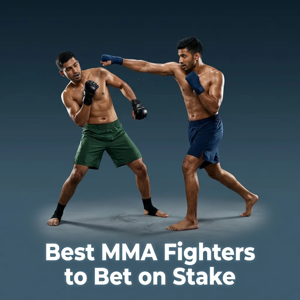 Graphic titled “Best MMA Fighters to Bet on Stake” featuring top MMA stars with betting icons and odds elements