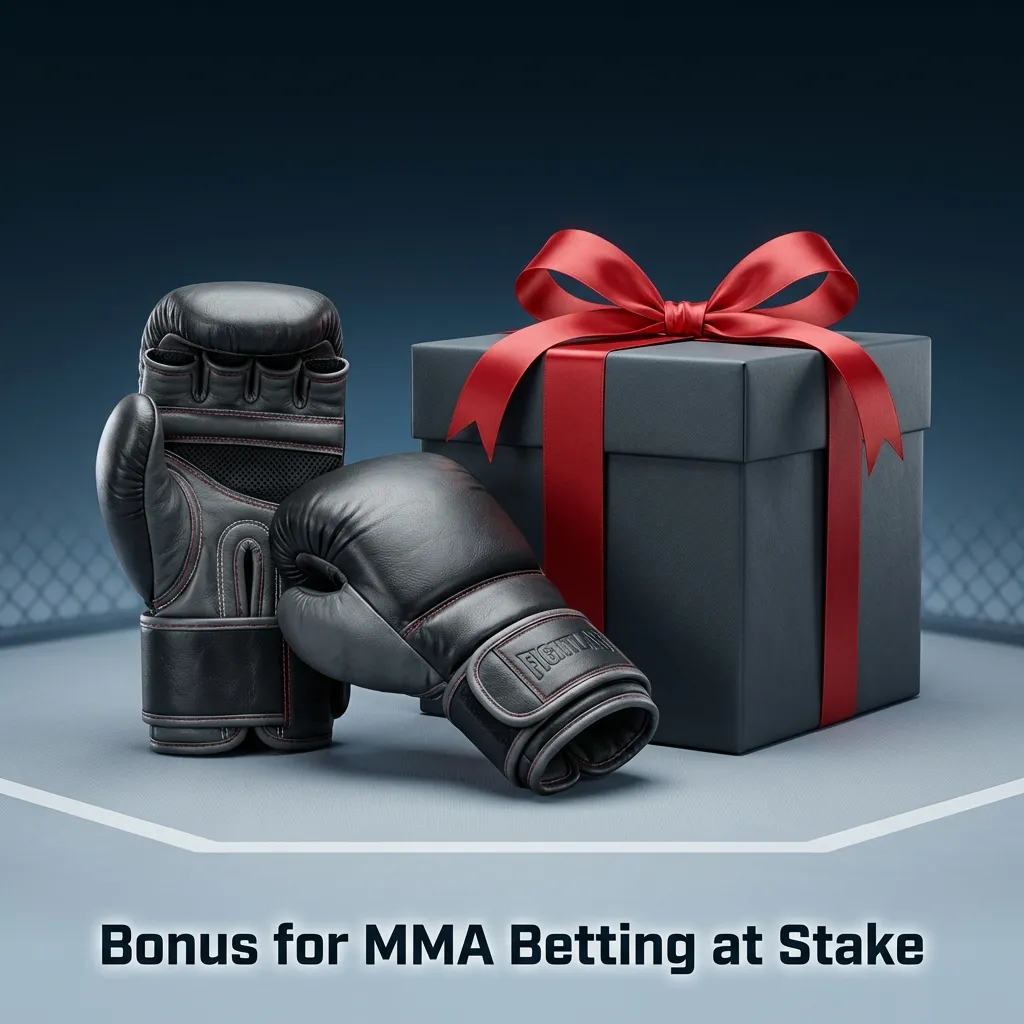 Banner promoting Stake’s MMA betting welcome bonus with fighters and text about eligible markets, rollover and wagering rules