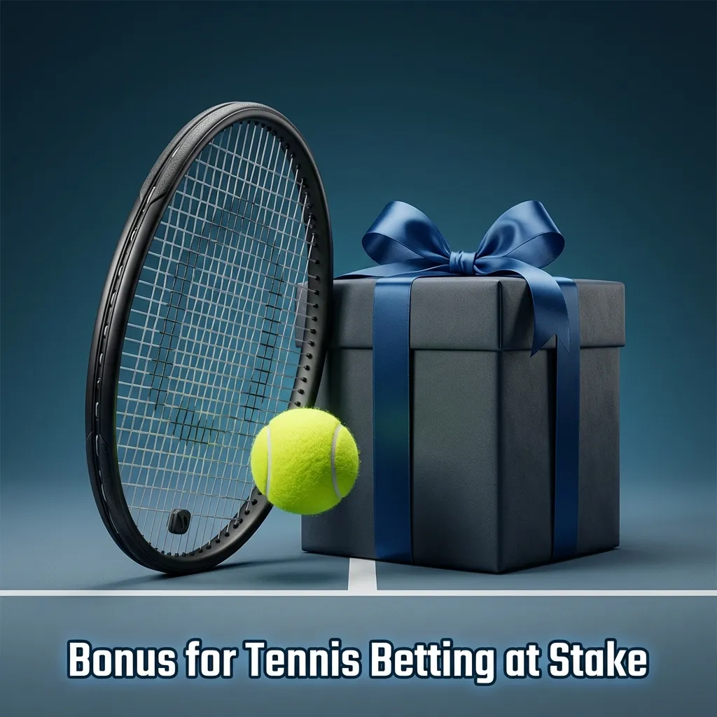 Promotional banner for Stake tennis betting bonus with welcome offer details and wagering requirements
