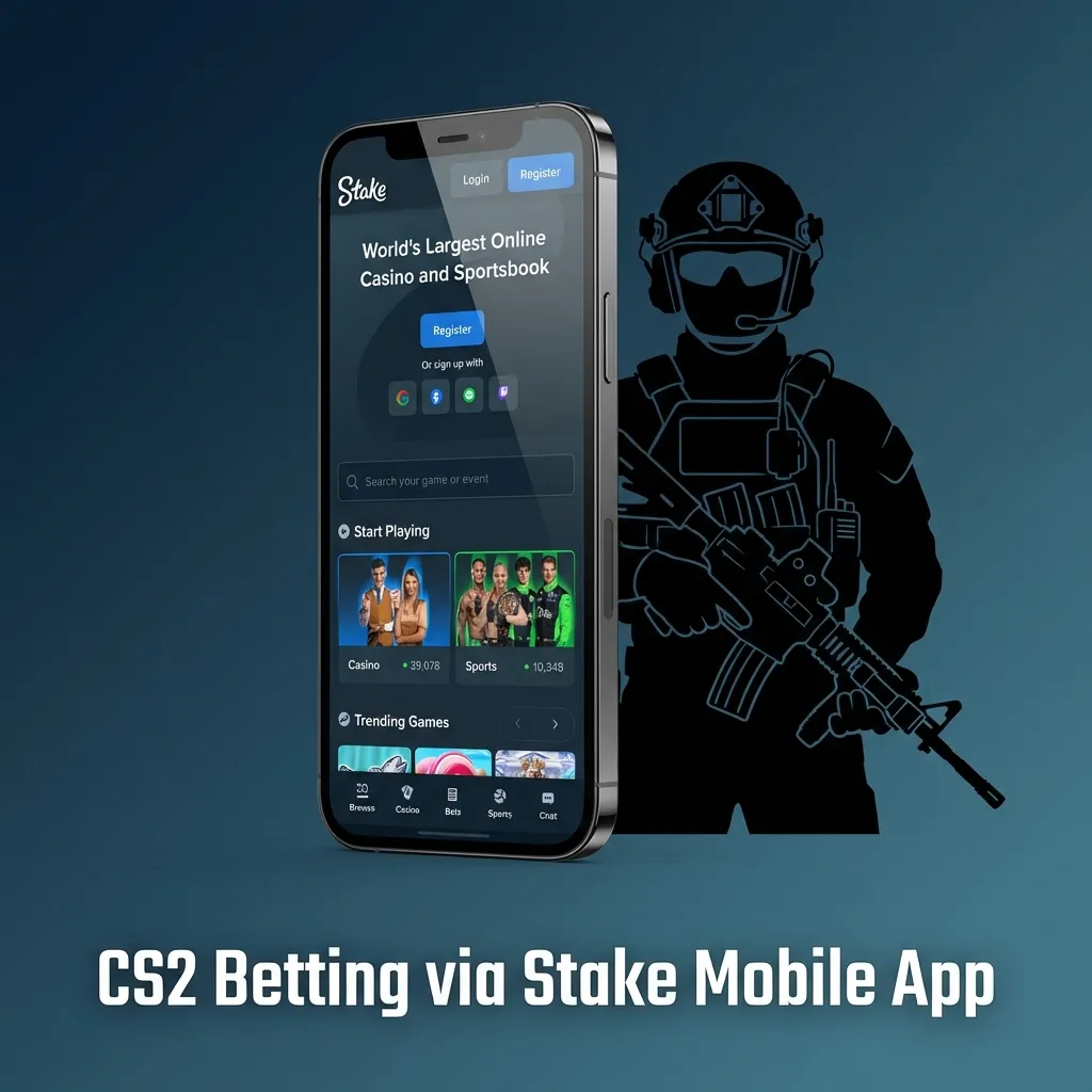 Person using the Stake mobile app on a smartphone to place live CS2 esports bets with odds and bet slip visible