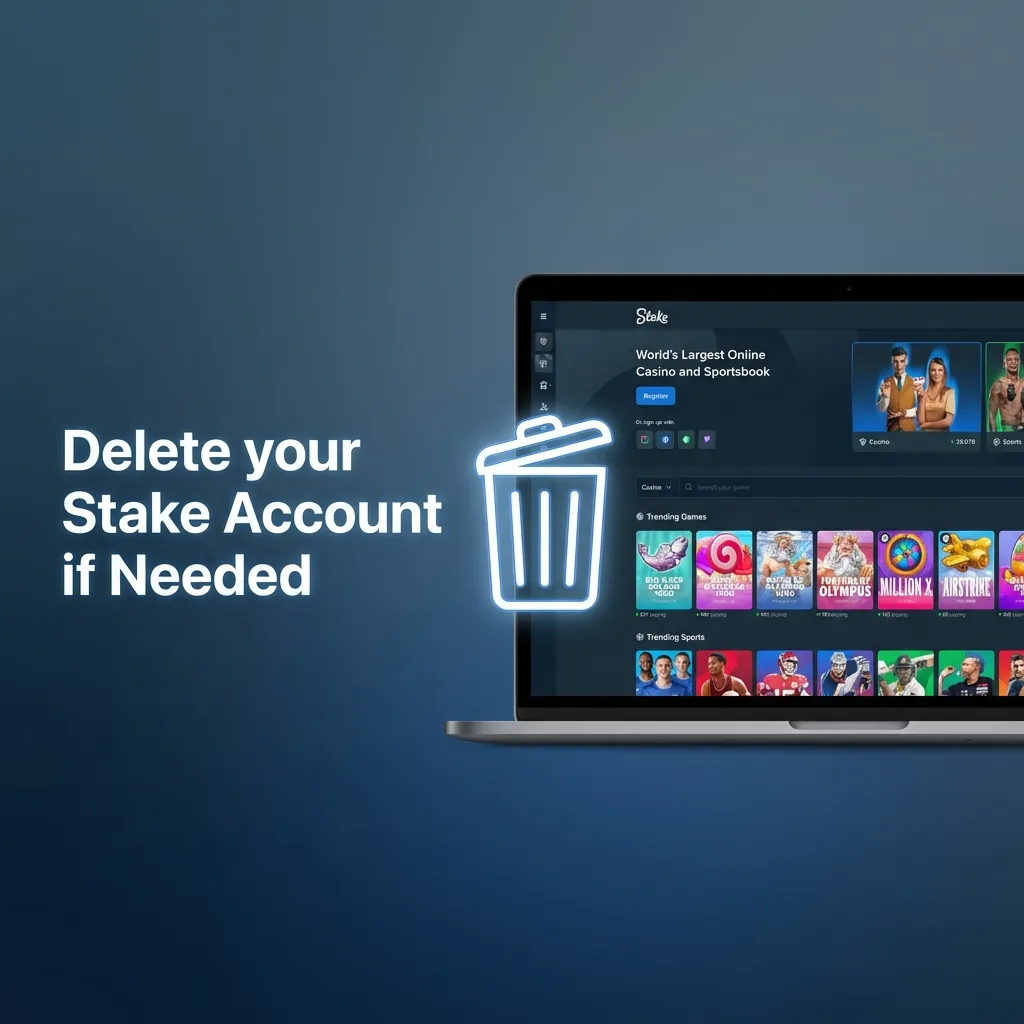 Illustrated guide on deleting a Stake gambling account, with numbered steps and support contact instructions