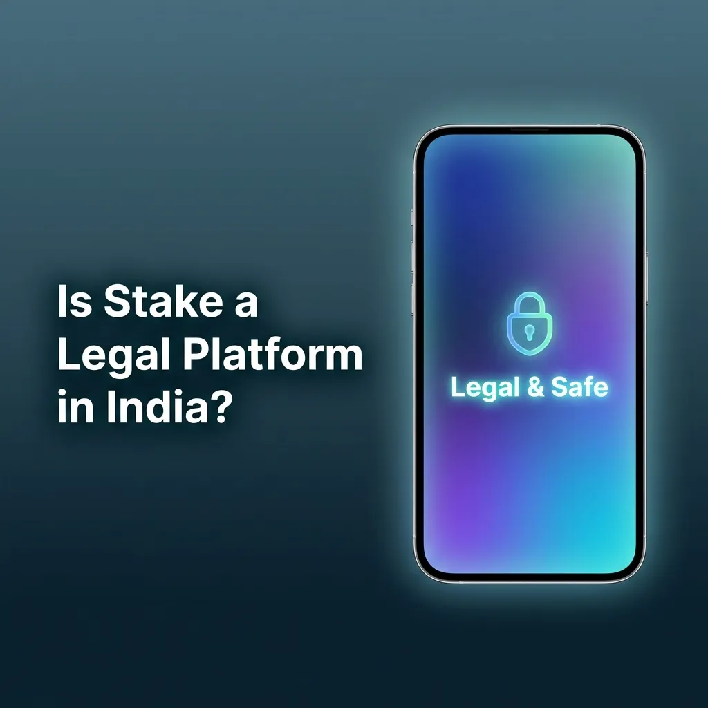 Illustration of a user asking if Stake is legal in India, with icons for law, licensing, security, and responsible gambling tools