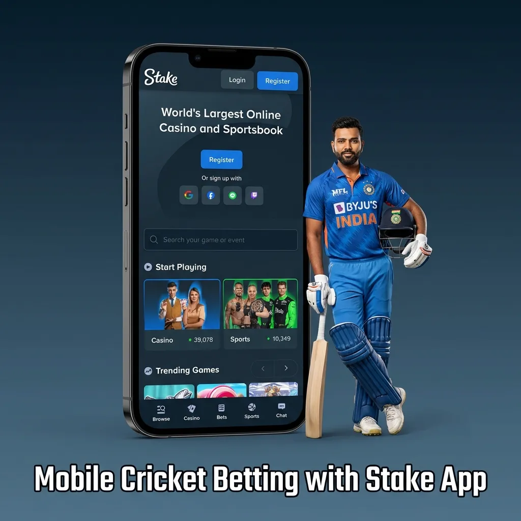 Hand holding phone showing Stake cricket betting app interface, with IPL match odds and live betting options on screen
