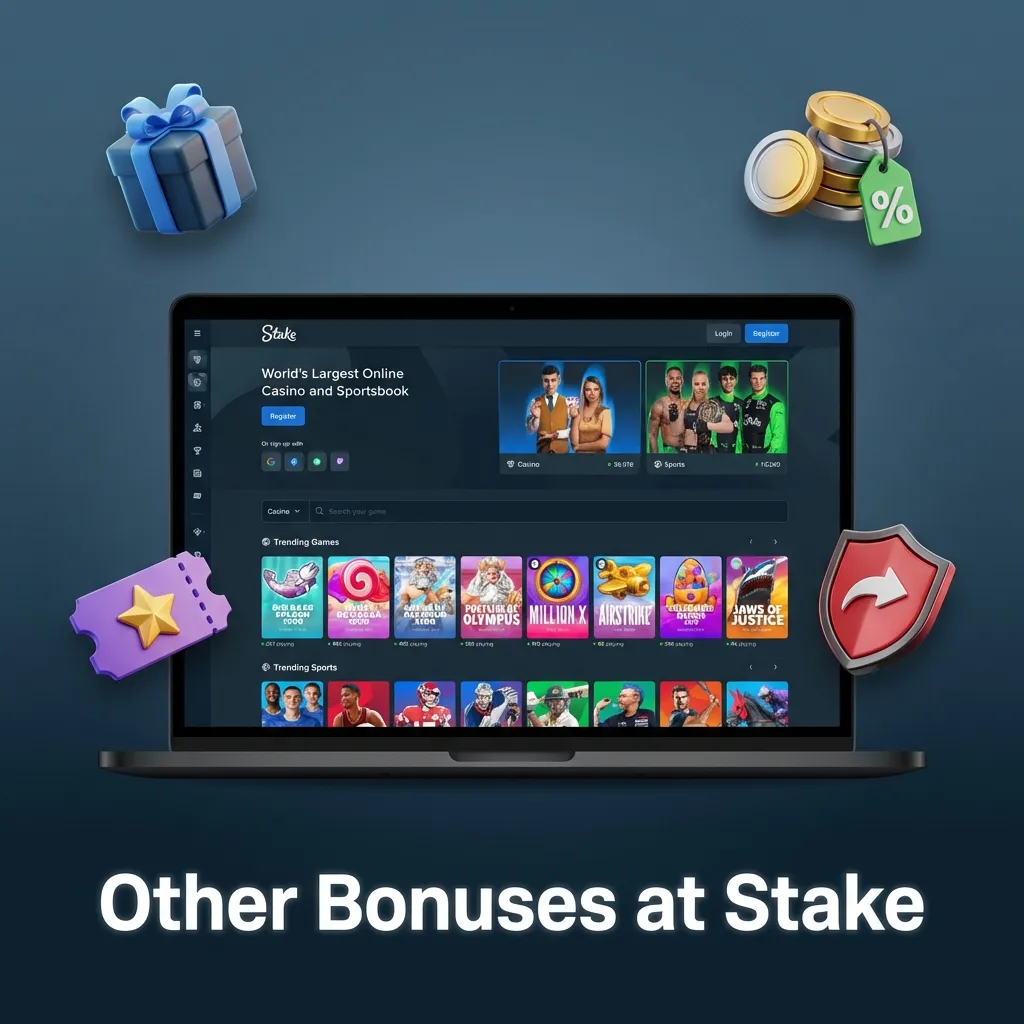 Colorful Stake promo banner highlighting weekly raffles, reloads, cashback, boosts, and casino leaderboard prizes