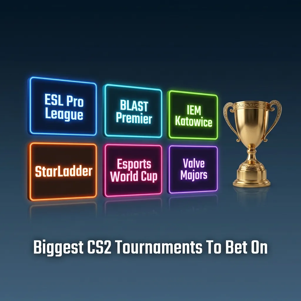 Graphic listing major CS2 tournaments for betting, including ESL Pro League, BLAST Premier, IEM Katowice, Majors, and more
