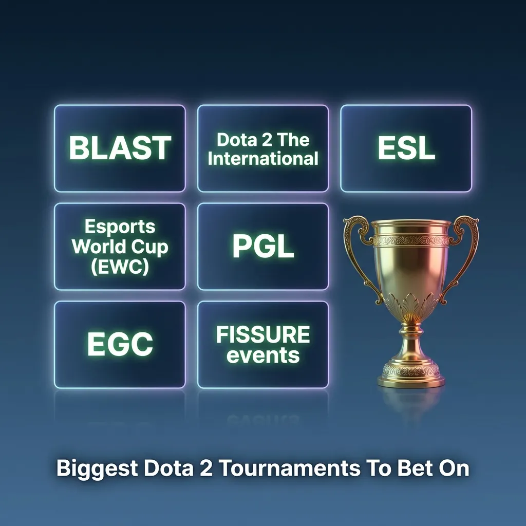 Graphic titled “Biggest Dota 2 Tournaments To Bet On” listing TI, BLAST, ESL, EWC, PGL and FISSURE events