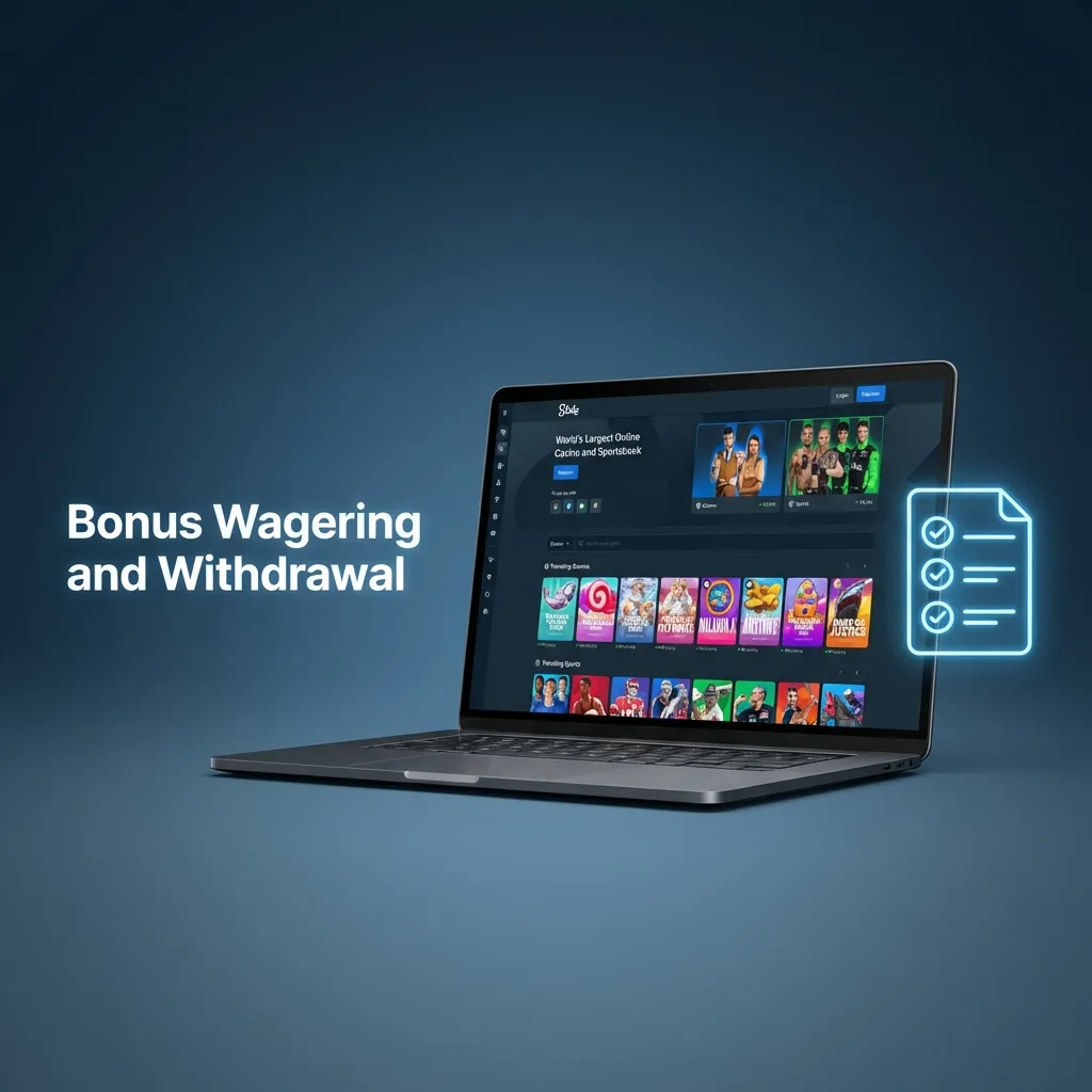 Illustration of a casino bonus account showing bonus balance, wagering progress bar, valid games, and withdrawal lock icon