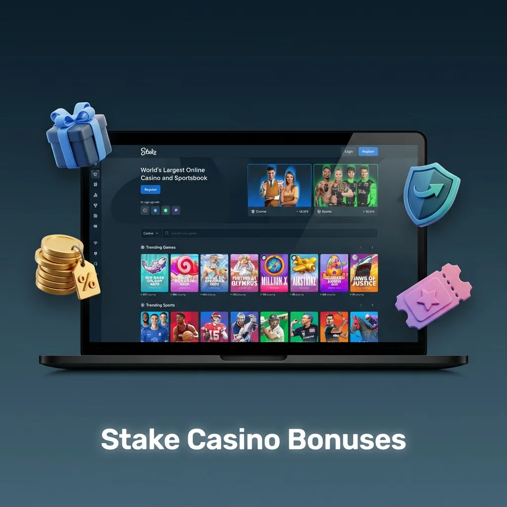 Colorful Stake Casino banner showing welcome bonus, free spins, reload offers, live cashback, and tournament rewards.