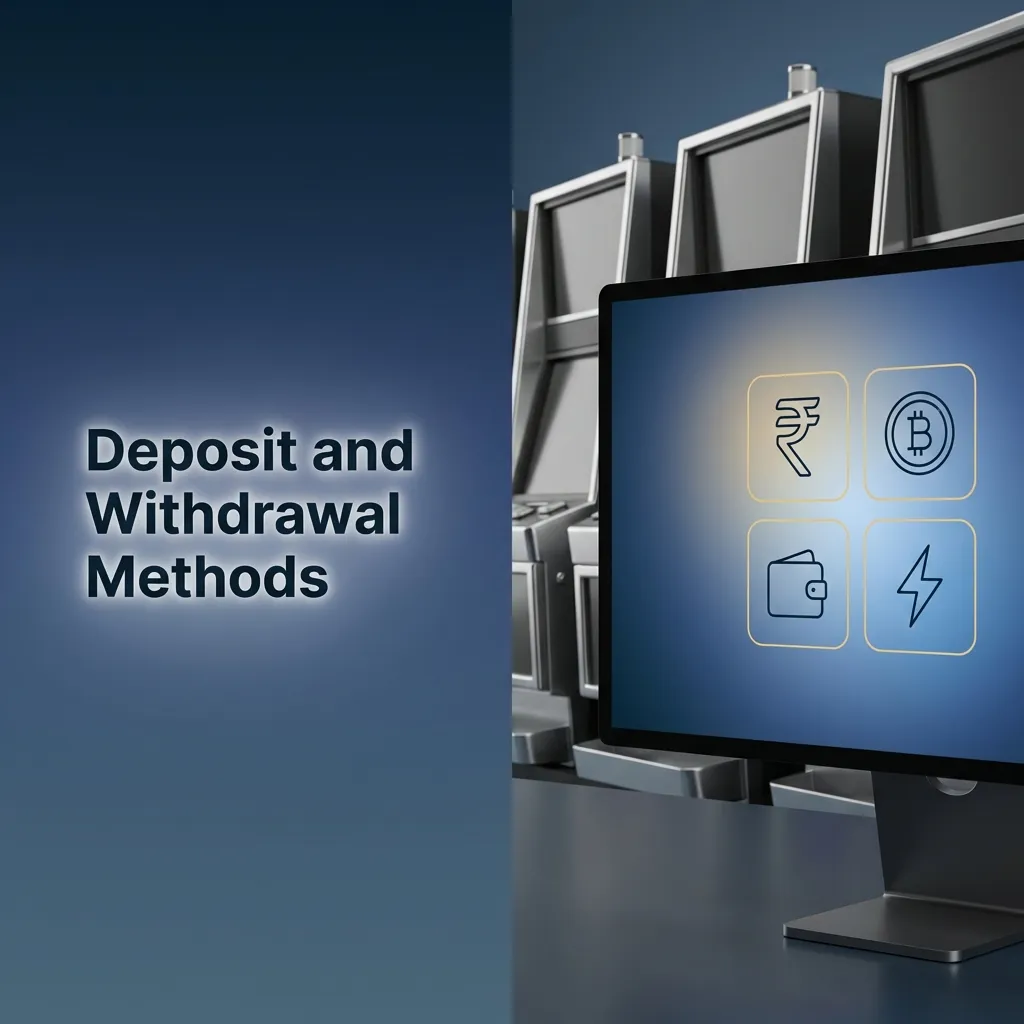 Icons of GPay, UPI, PayTM, PhonePe, cards, Apple Pay and crypto coins showing deposit and withdrawal options