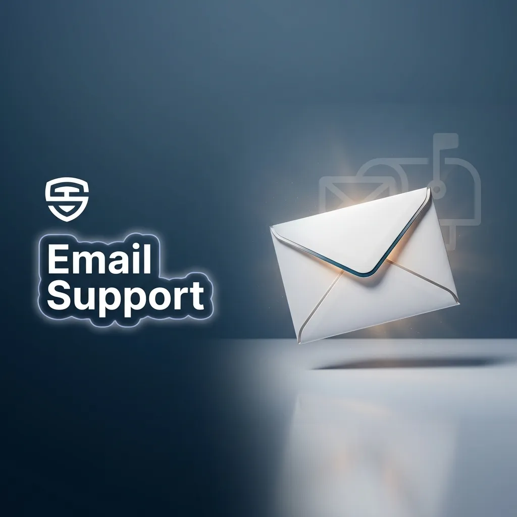 Illustration of a user composing an email to Stake support on a laptop, with guidance icons and message details visible