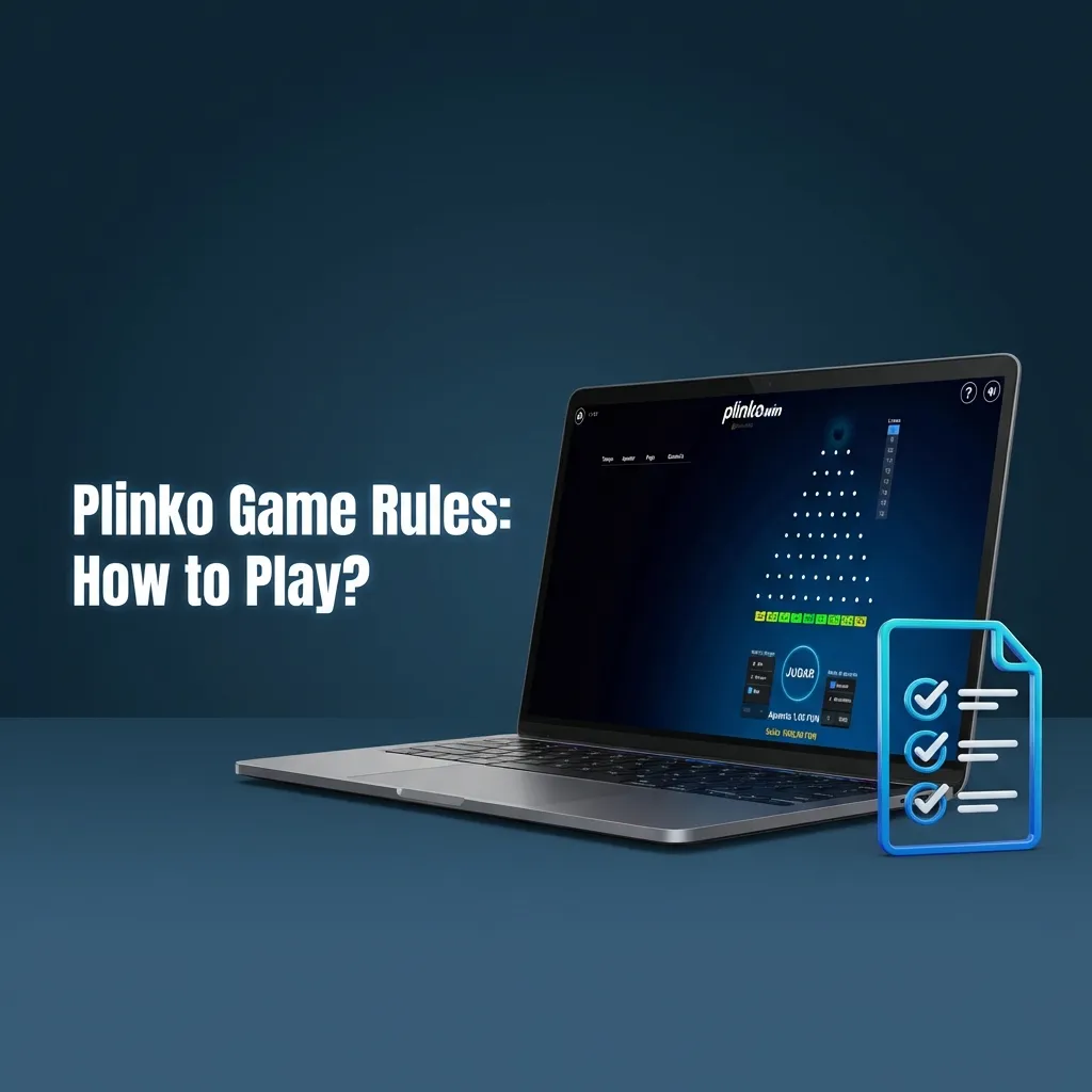 Illustration of a Plinko game board with falling balls, pegs, and multiplier slots explaining bet, risk, and rows rules