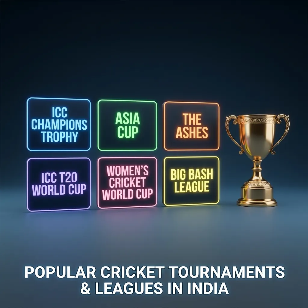 Illustrated list of major cricket tournaments and leagues with betting markets, focused on Indian and global events like IPL and World Cups