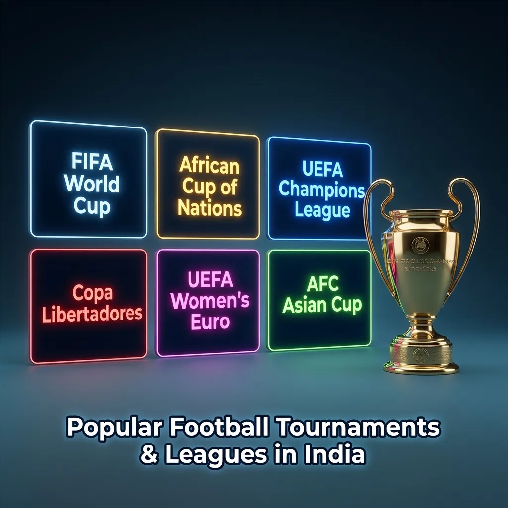 Graphic listing global and Indian football leagues and tournaments popular for online betting in India