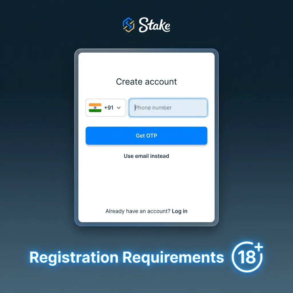 Checklist graphic titled “Registration Requirements” highlighting age, real details, one account, and KYC documents for Stake.