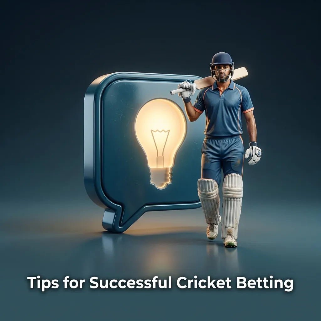 Illustrated guide showing cricket icons, stats charts, pitch and weather symbols, money management, and live betting interface tips