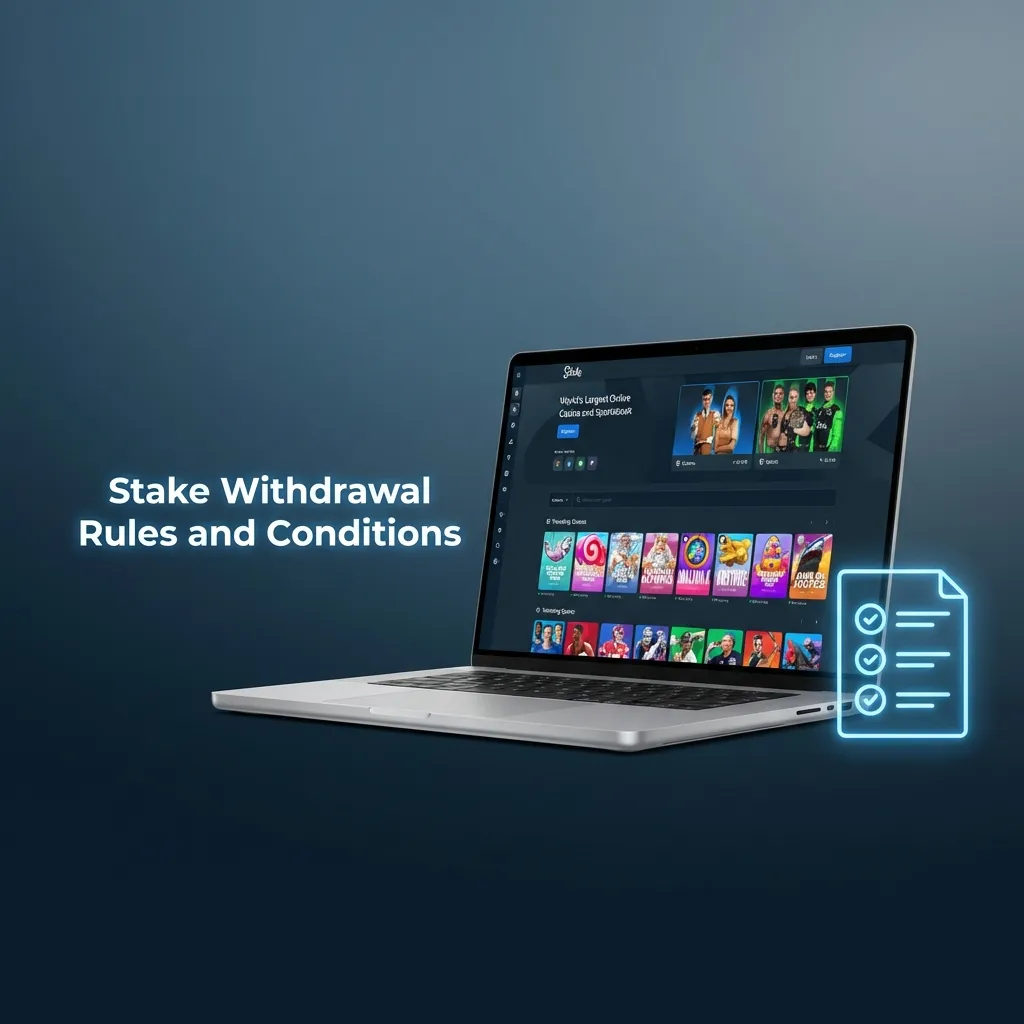 Infographic listing Stake withdrawal rules in India, including KYC, same payment method, wagering, account, and limit conditions