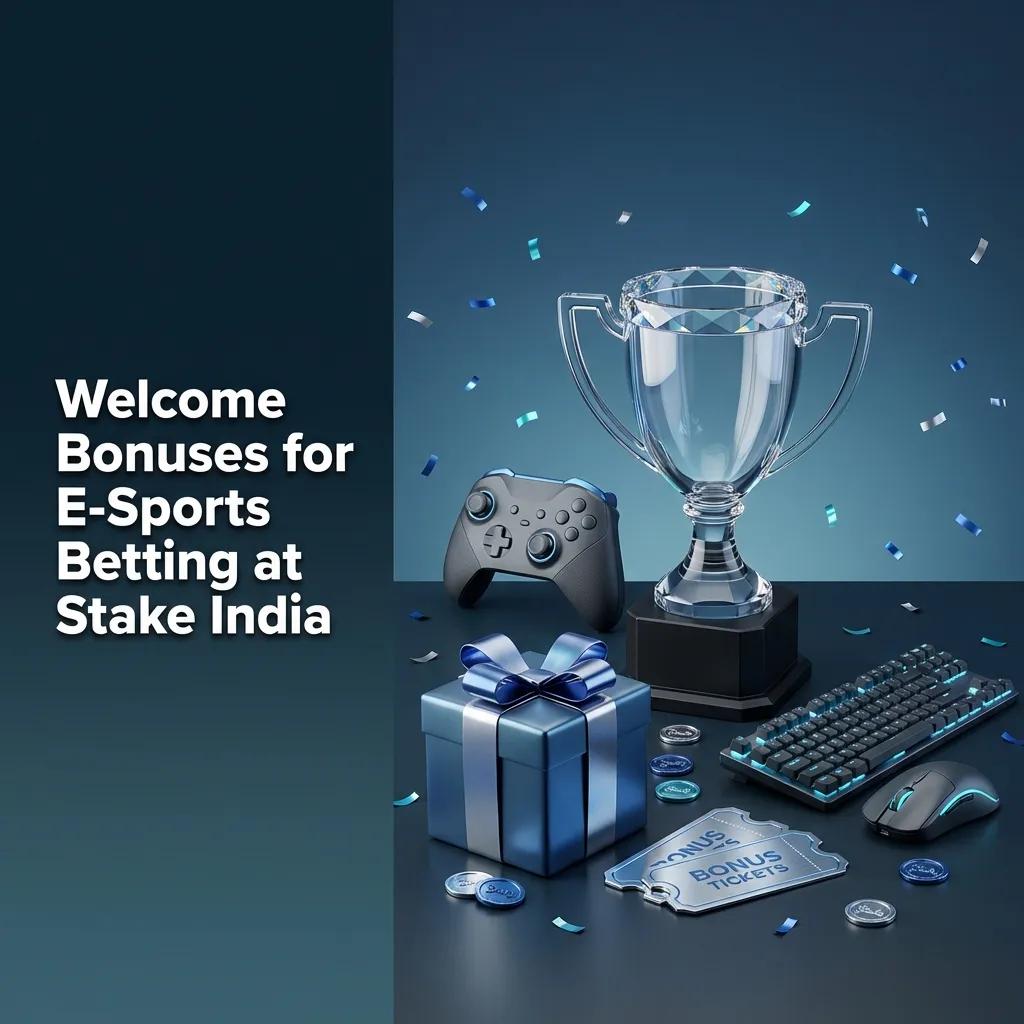 Graphic promoting Stake India esports welcome bonus: 200% up to ₹1,00,000 plus entry to $75,000 weekly raffle