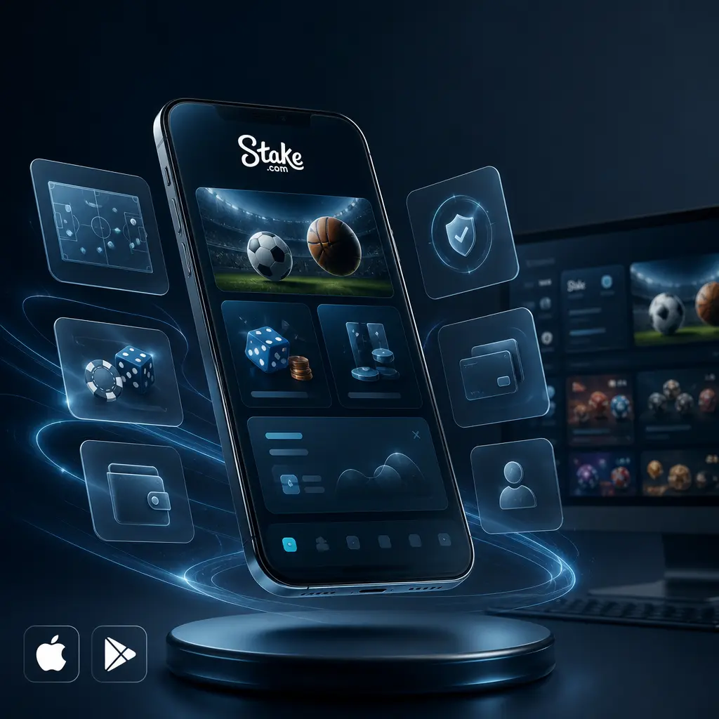 Aplicación móvil de Stake.com disponible para iOS y Android con casino, apuestas deportivas y gestión de cuenta