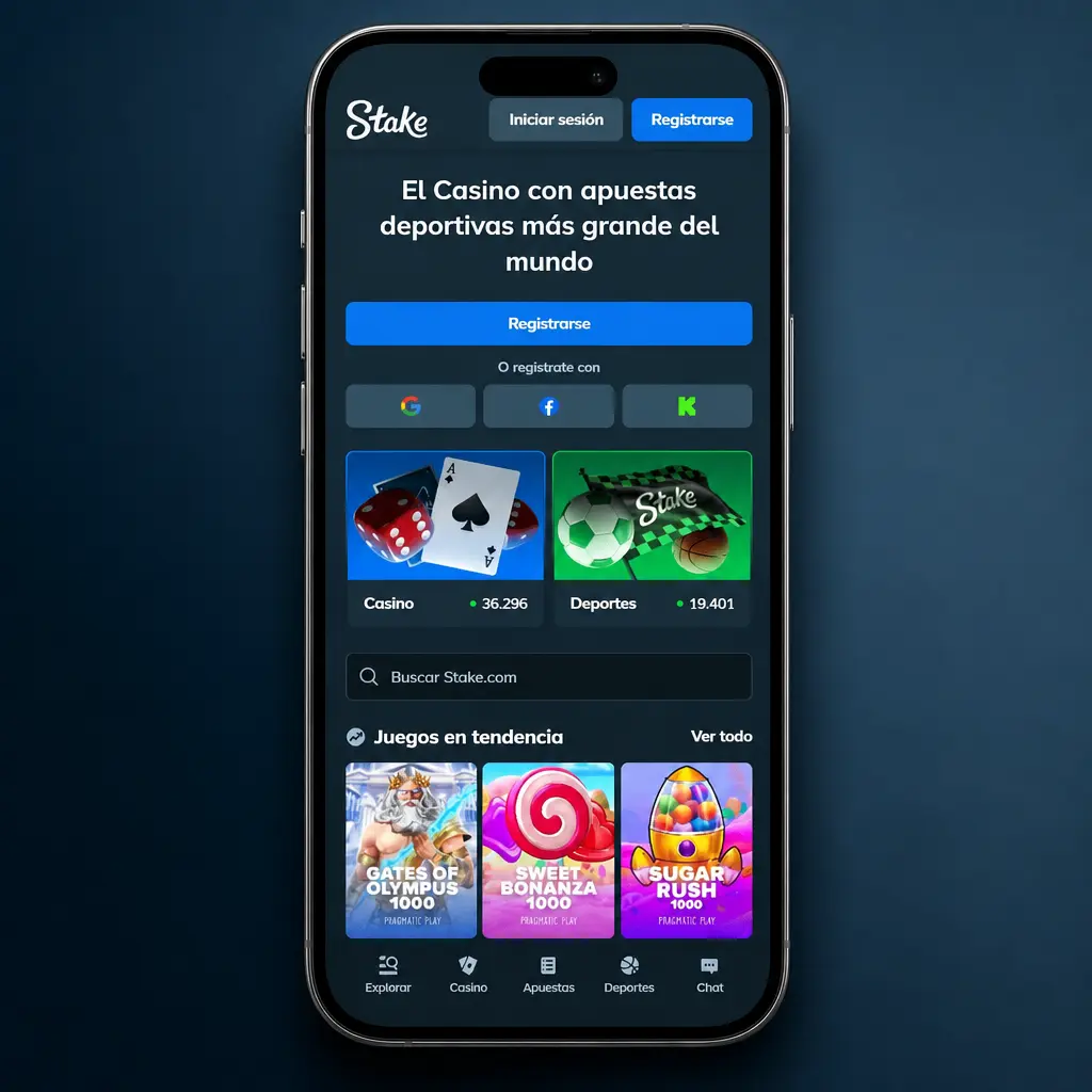 Pantalla de registro en la app de Stake.com con opciones de correo, usuario o Google para mayores de 18 años