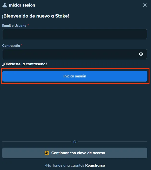 Botón Iniciar sesión para entrar a la cuenta de Stake