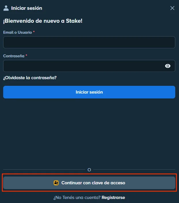 Opción Continuar con clave de acceso en el login de Stake