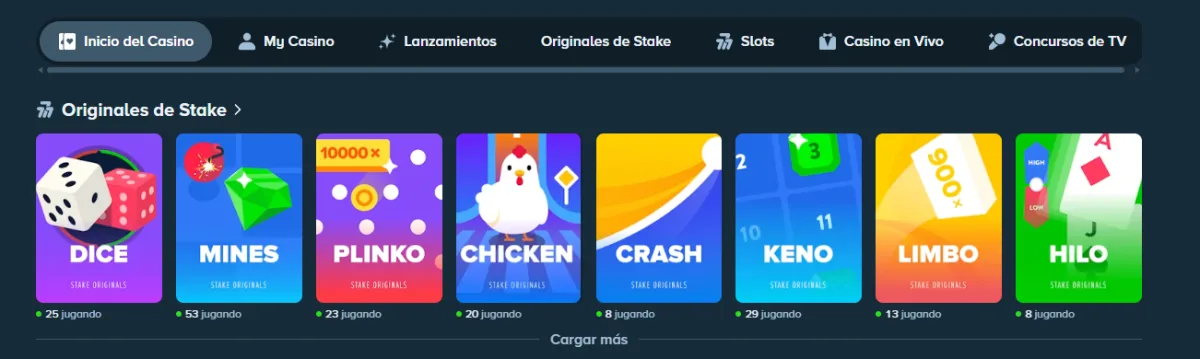 Fila de juegos Originales de Stake con Dice, Mines, Plinko y Crash