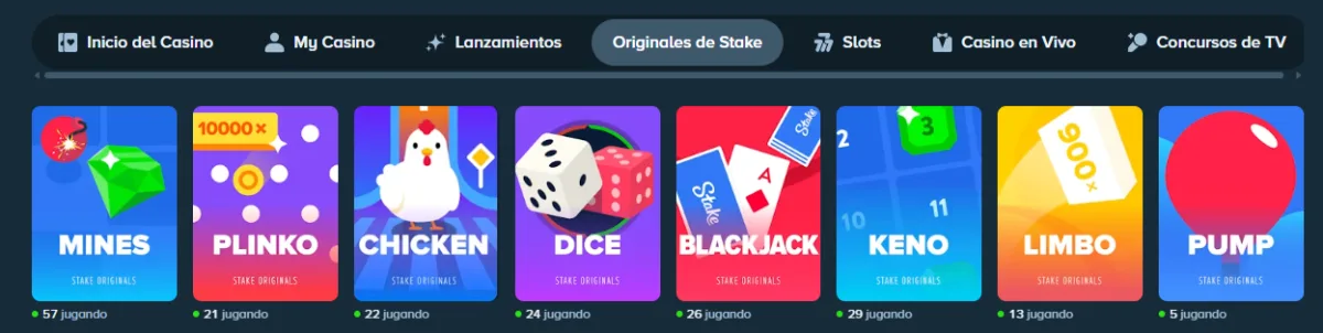 Pestaña Originales de Stake con Mines, Plinko, Blackjack y Pump