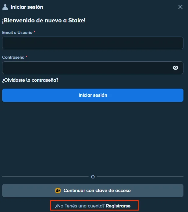 Enlace Registrarse al pie de la ventana de acceso