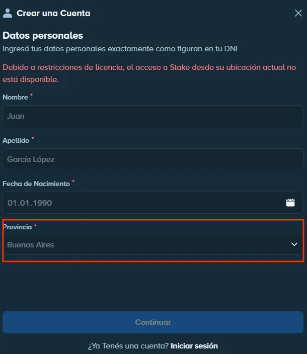 Selector de provincia en el registro de Stake Argentina