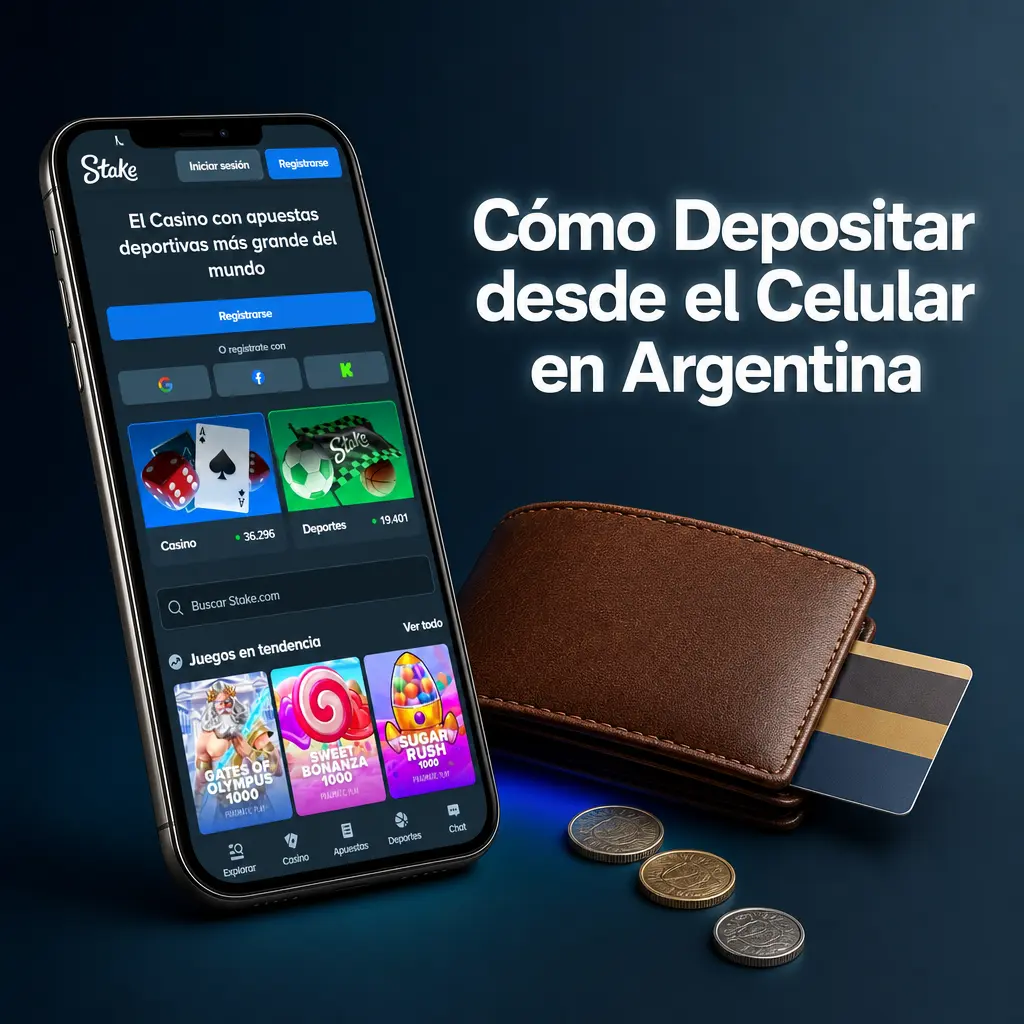 Persona depositando desde su celular en Stake.com en Argentina con opciones de pago como cripto y tarjeta